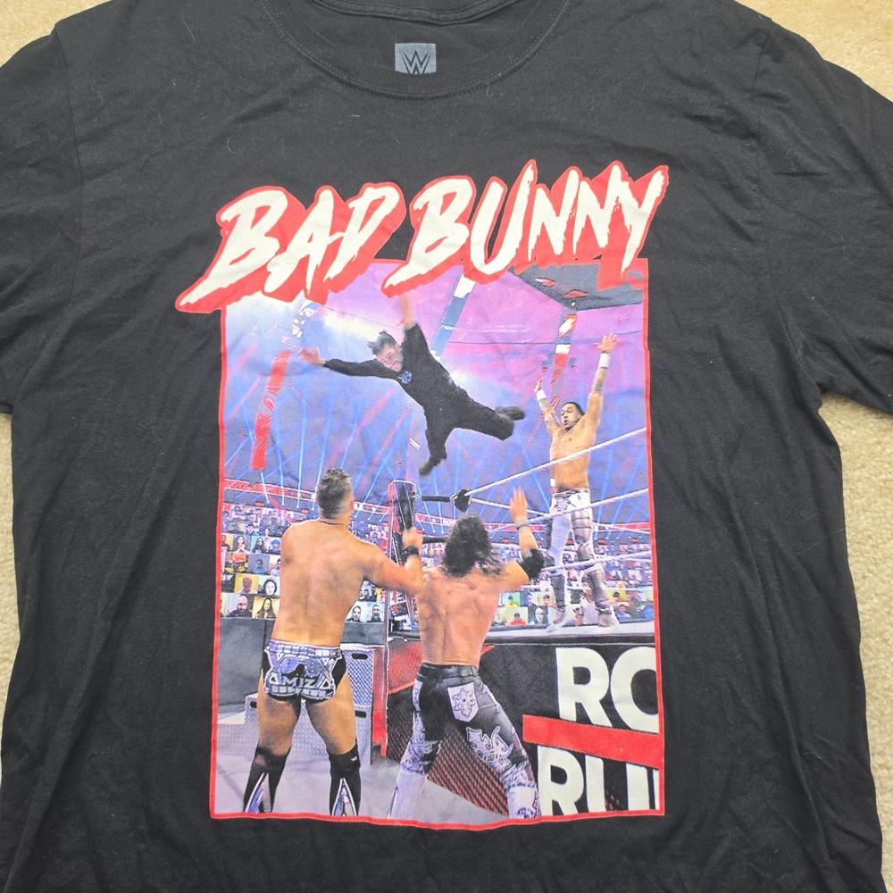 WWE Authentic Bad Bunny Royal Rumble 2021 Black Graphic T-Shirt Mens Large L